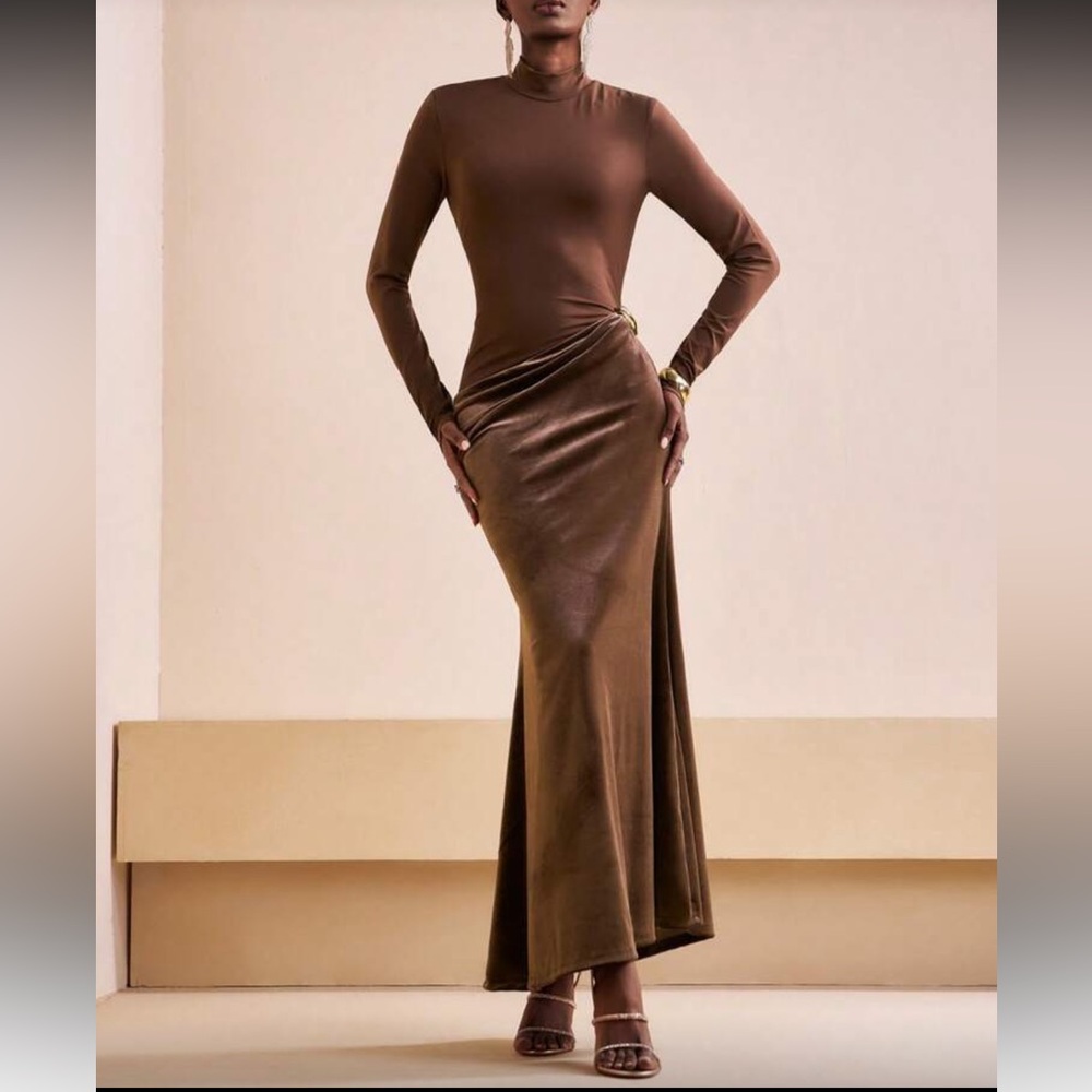 Brown velvet contrast drop waist midi fitted dress asymmetrical bodycon dress - Picture 2 of 6